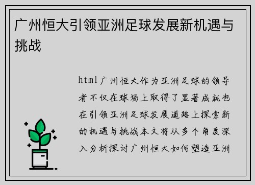 广州恒大引领亚洲足球发展新机遇与挑战