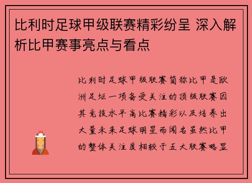 比利时足球甲级联赛精彩纷呈 深入解析比甲赛事亮点与看点